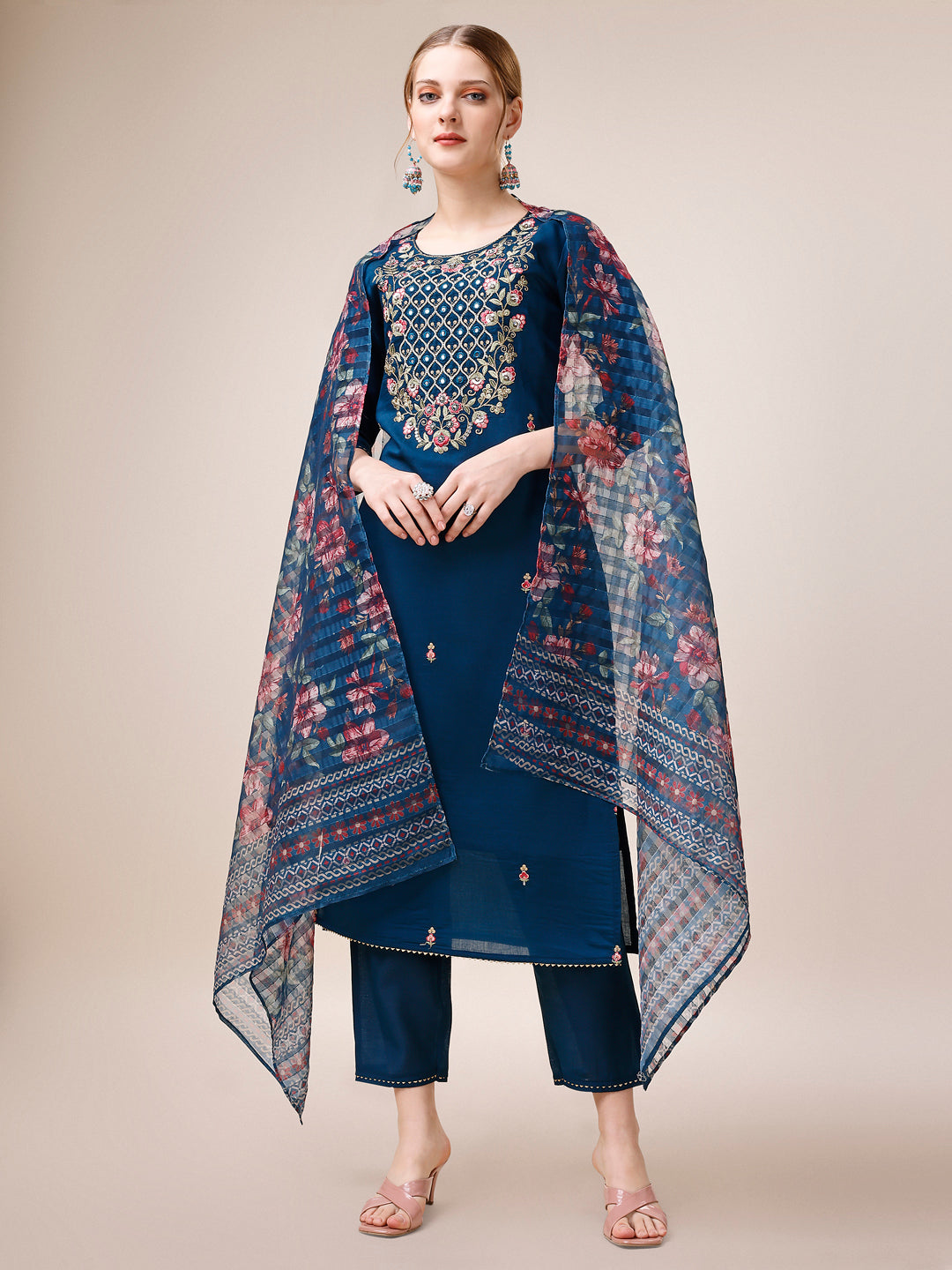 Hand Embroidered Kurta With Pant And Dupatta Set, Multicolor - Hiral Fashion