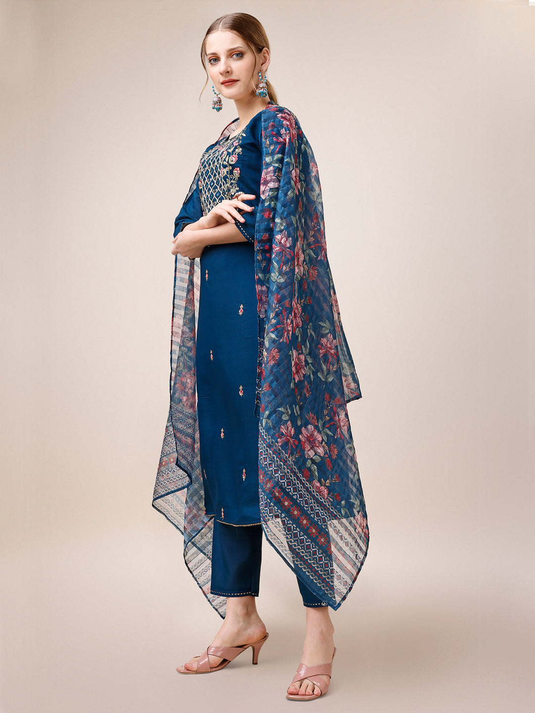 Hand Embroidered Kurta With Pant And Dupatta Set, Multicolor - Hiral Fashion