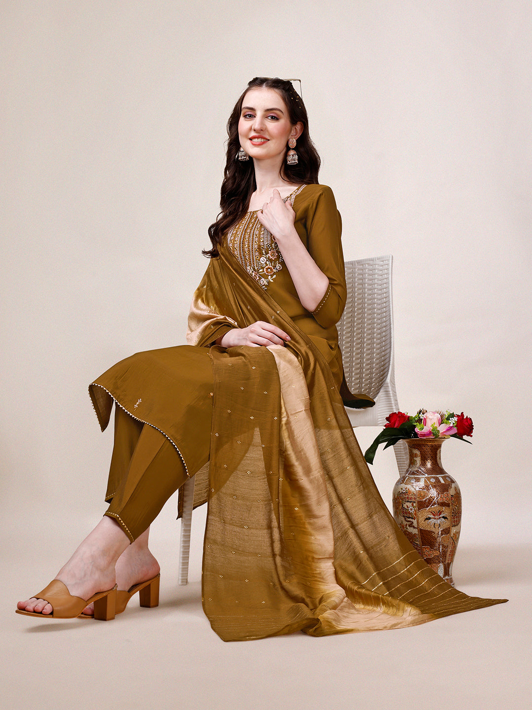 Hand Embroidered Kurta With Pant & Dupatta, Multicolor - Hiral Fashion