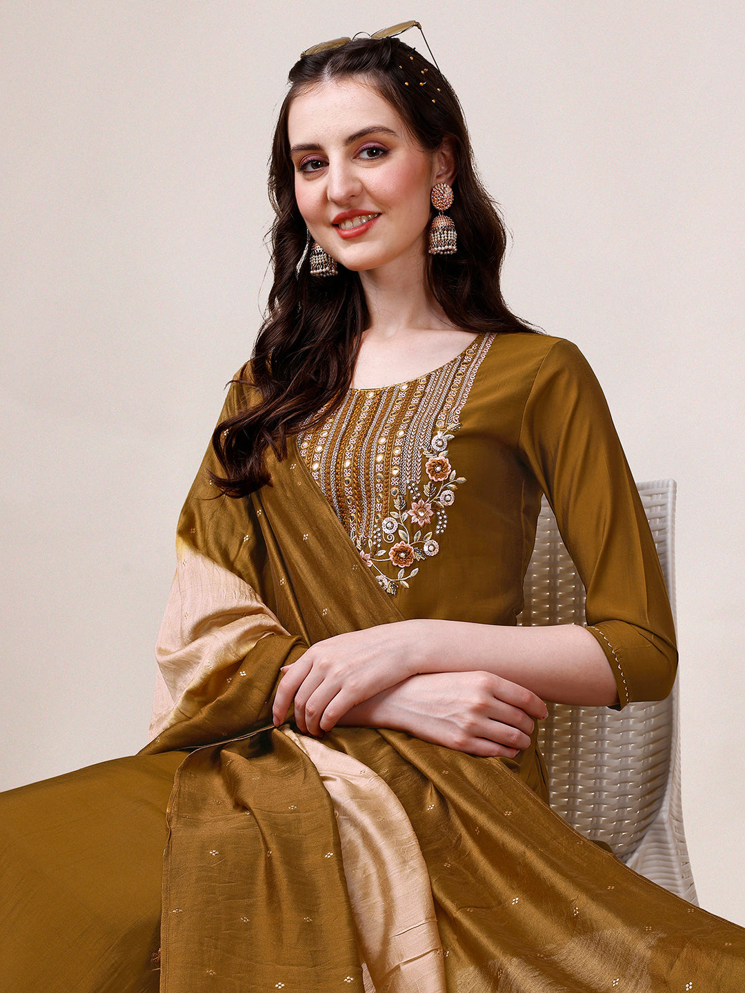 Hand Embroidered Kurta With Pant & Dupatta, Multicolor - Hiral Fashion