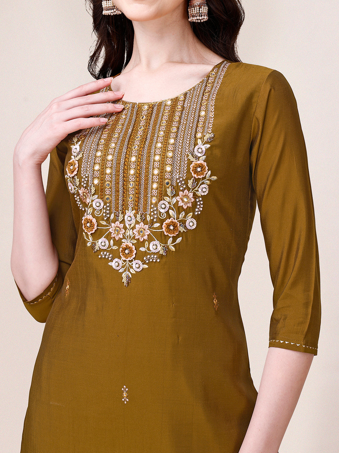 Hand Embroidered Kurta With Pant & Dupatta, Multicolor - Hiral Fashion