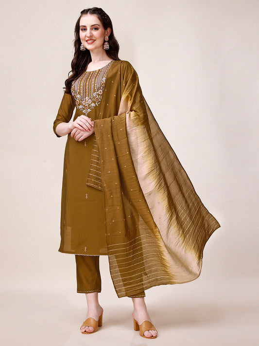 Hand Embroidered Kurta With Pant & Dupatta, Multicolor - Hiral Fashion