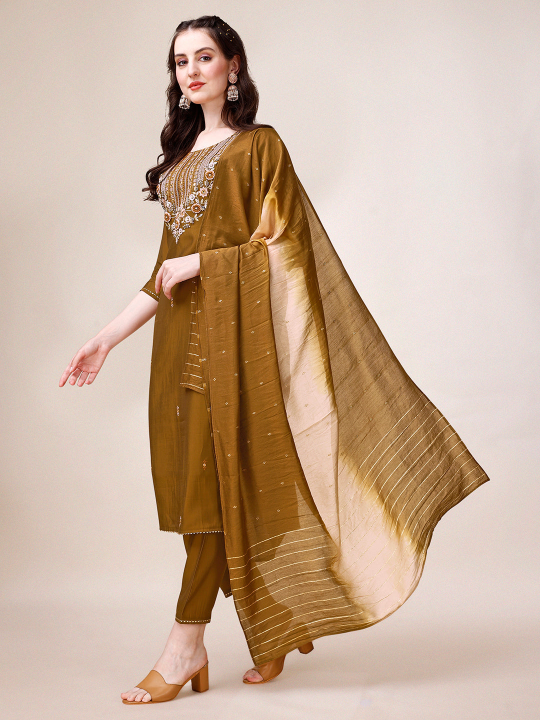 Hand Embroidered Kurta With Pant & Dupatta, Multicolor - Hiral Fashion