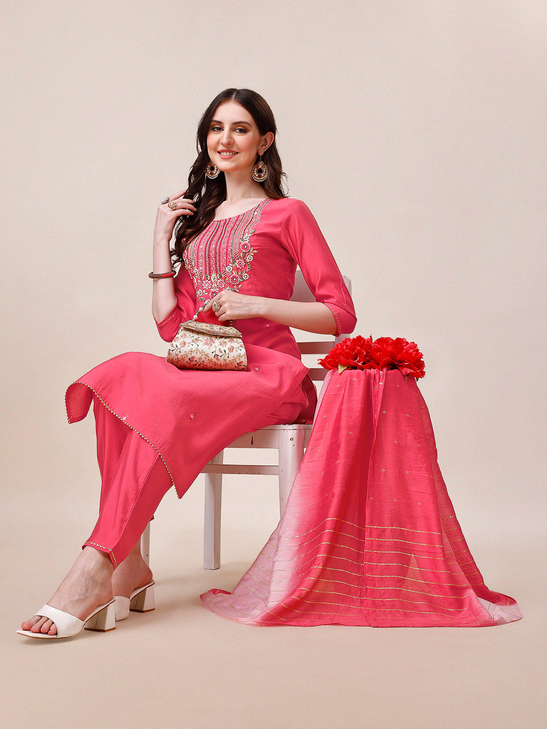 Embroidered Kurta With Pant And Dupatta Set, Multicolor - Hiral Fashion
