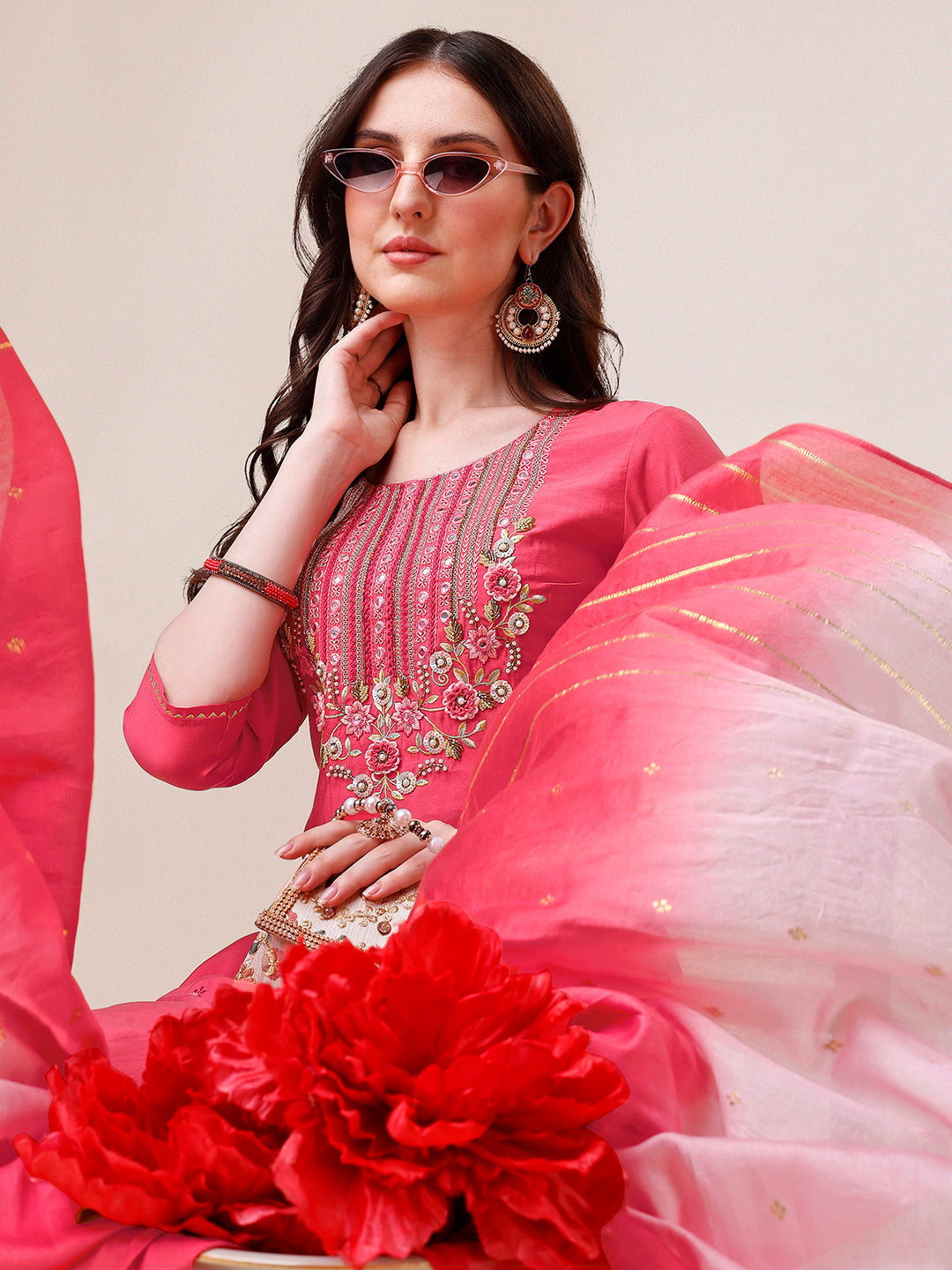 Embroidered Kurta With Pant And Dupatta Set, Multicolor - Hiral Fashion