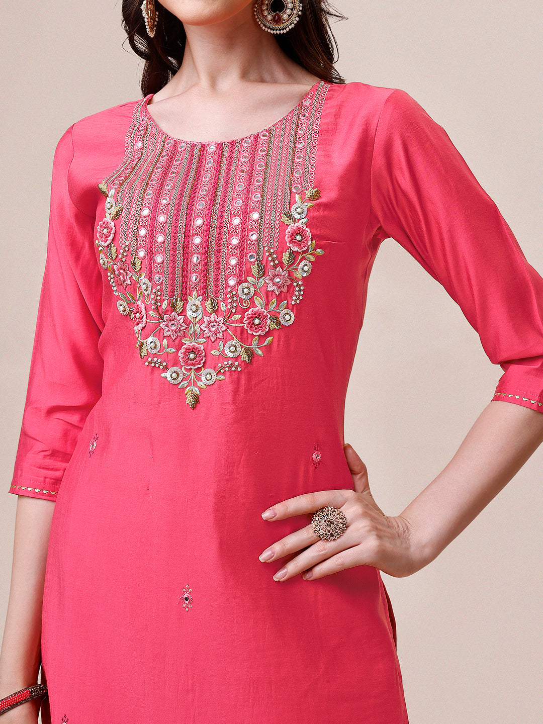 Embroidered Kurta With Pant And Dupatta Set, Multicolor - Hiral Fashion