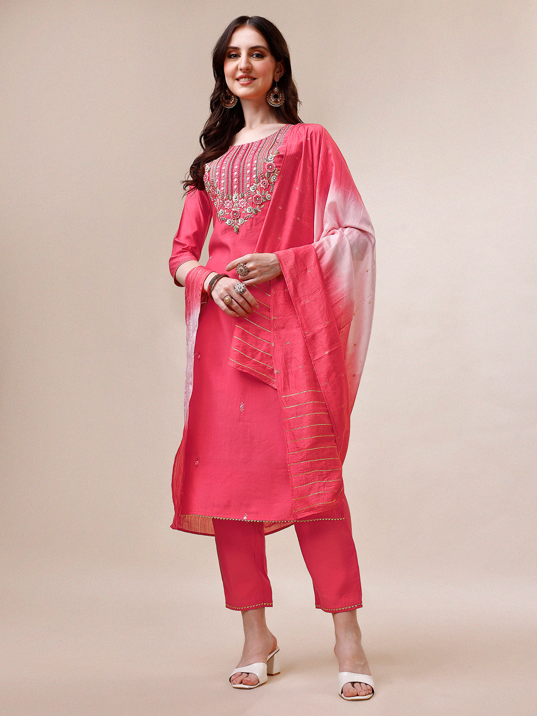 Embroidered Kurta With Pant And Dupatta Set, Multicolor - Hiral Fashion
