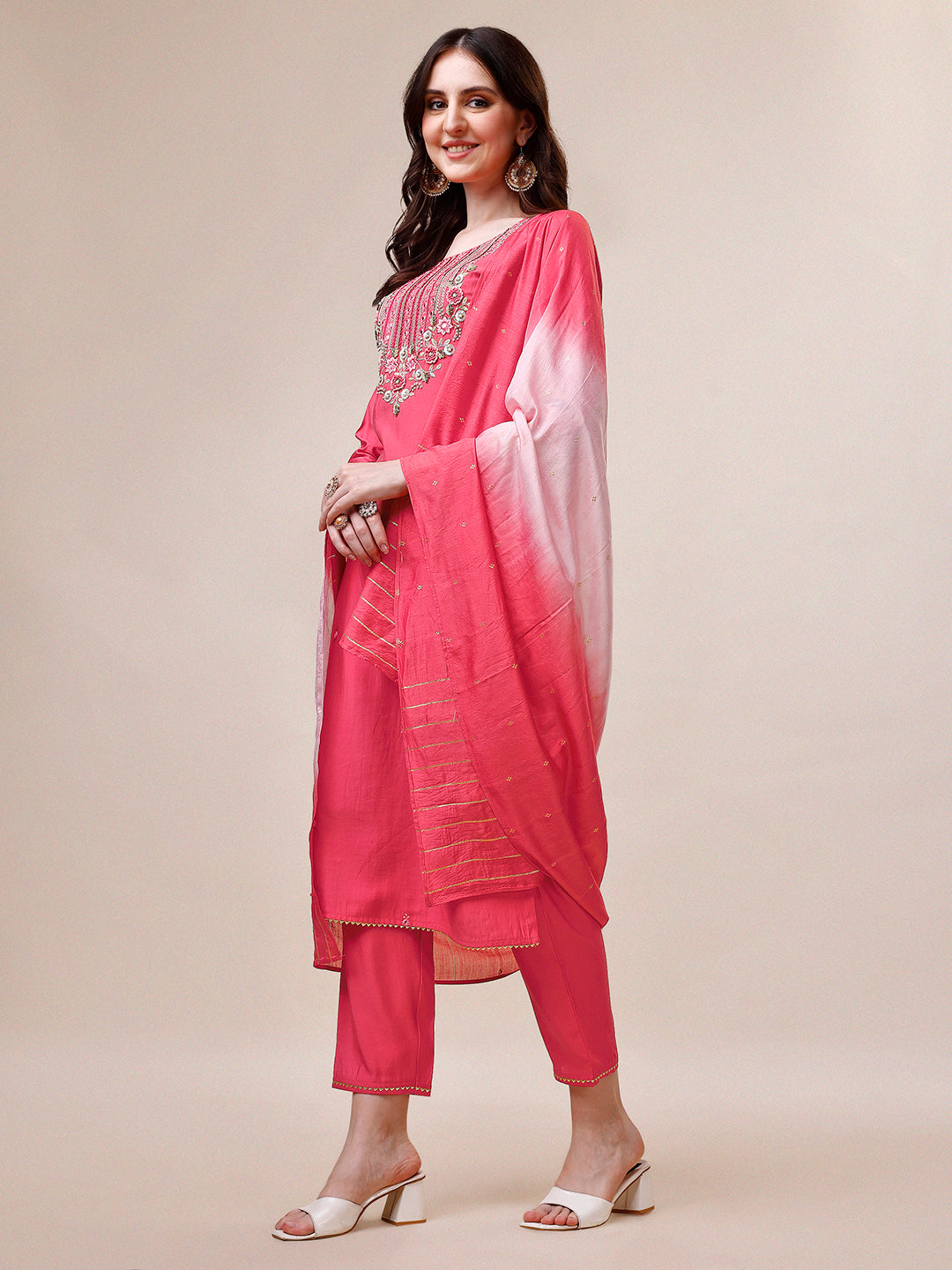 Embroidered Kurta With Pant And Dupatta Set, Multicolor - Hiral Fashion