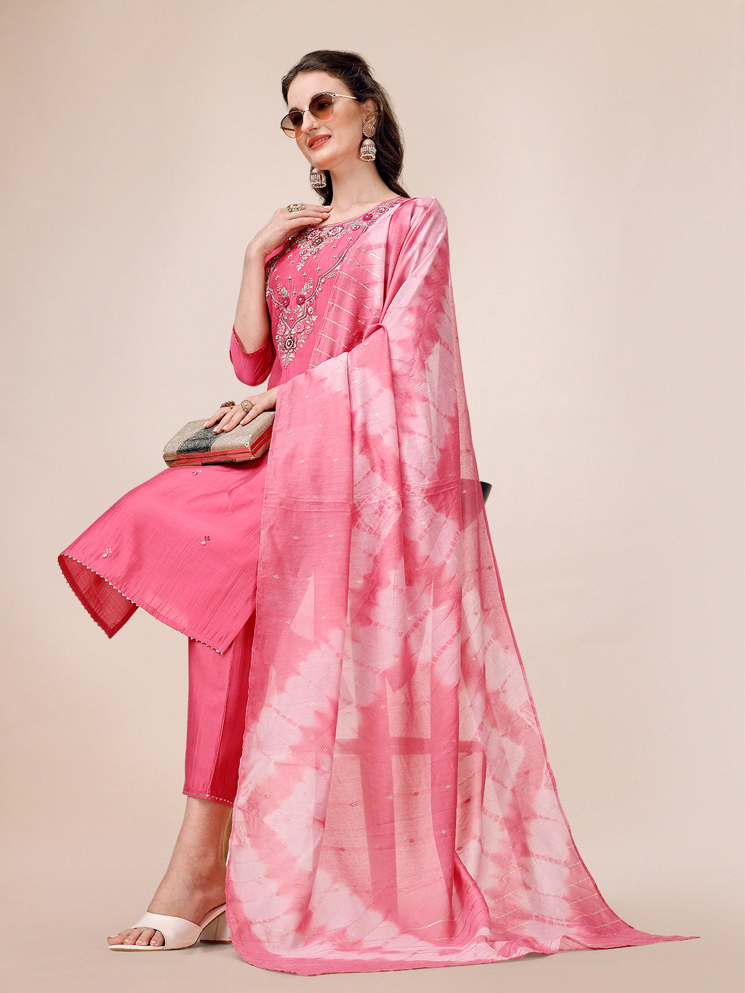 Hand Embroidered & Embroidered Kurta With Pant & 2 Toned Dyed Dupatta, Multicolor - Hiral Fashion