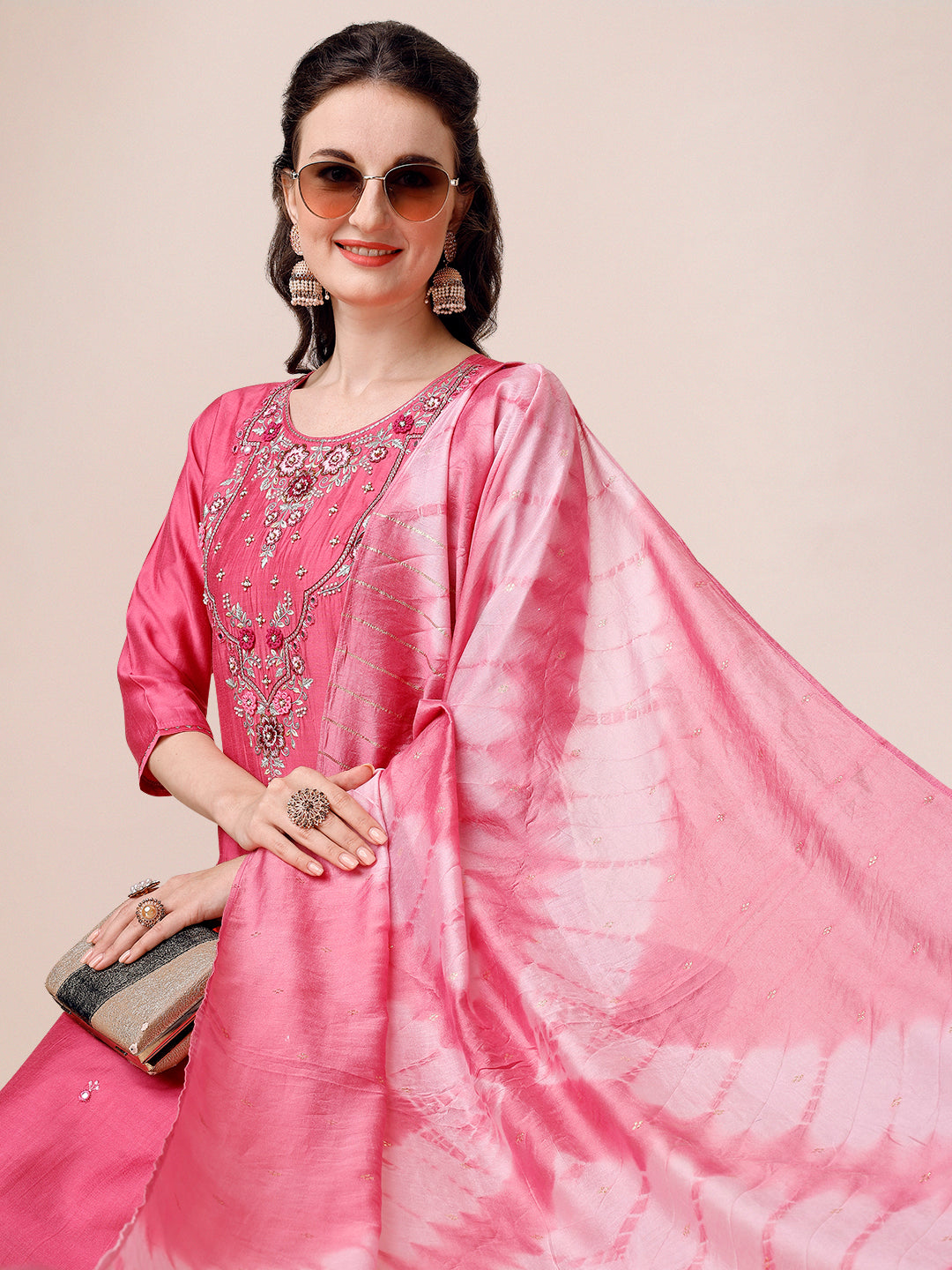 Hand Embroidered & Embroidered Kurta With Pant & 2 Toned Dyed Dupatta, Multicolor - Hiral Fashion