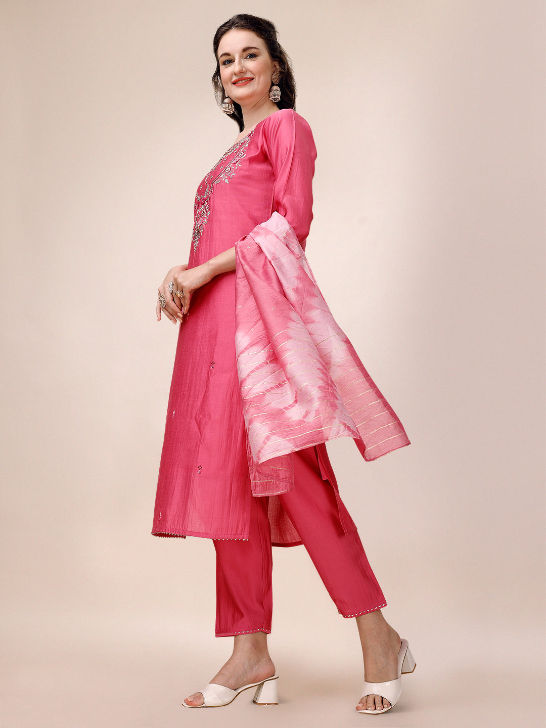 Hand Embroidered & Embroidered Kurta With Pant & 2 Toned Dyed Dupatta, Multicolor - Hiral Fashion