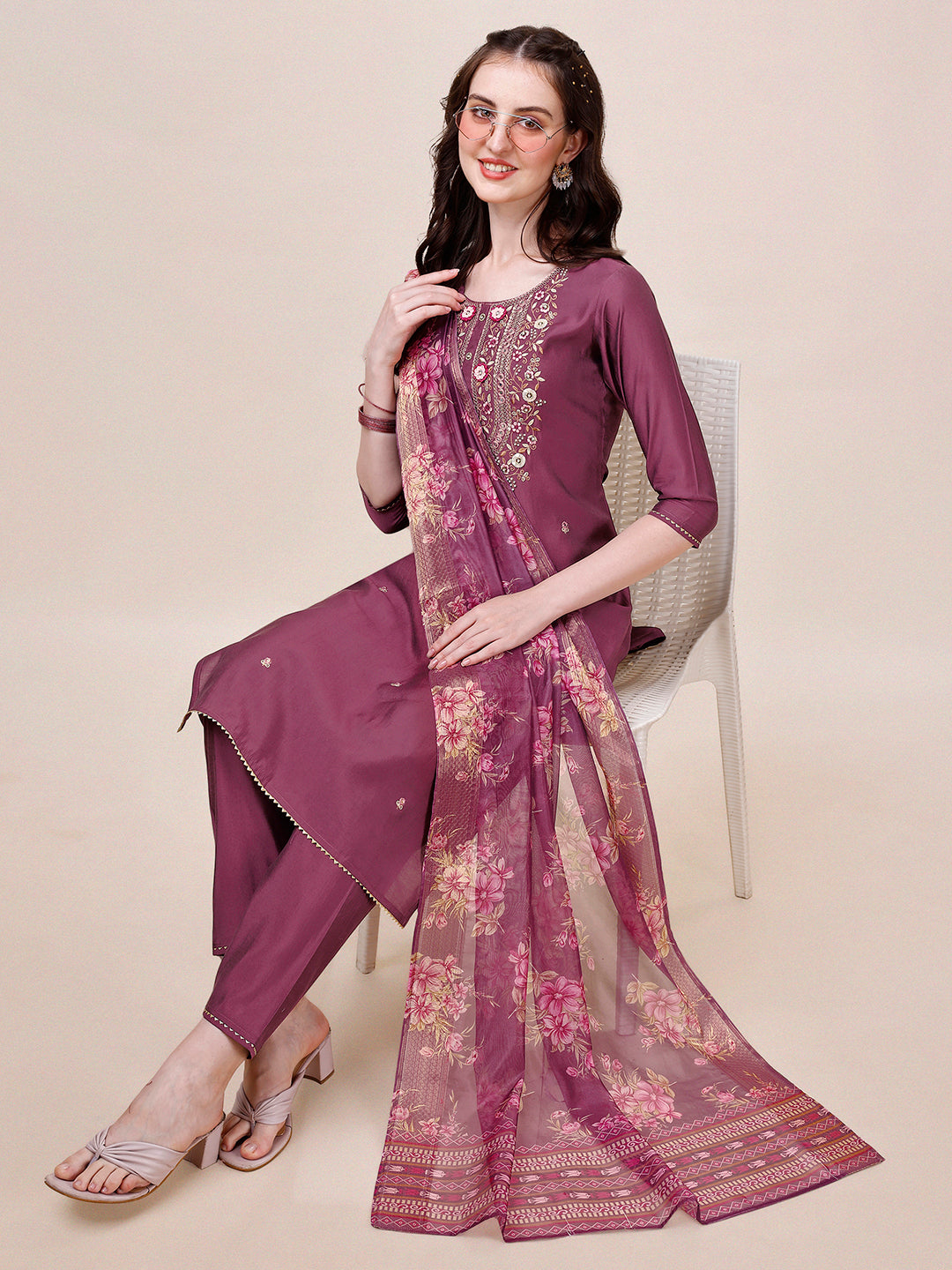 Hand Embroidered Kurta With Pant & Printed Dupatta, Multicolor - Hiral Fashion