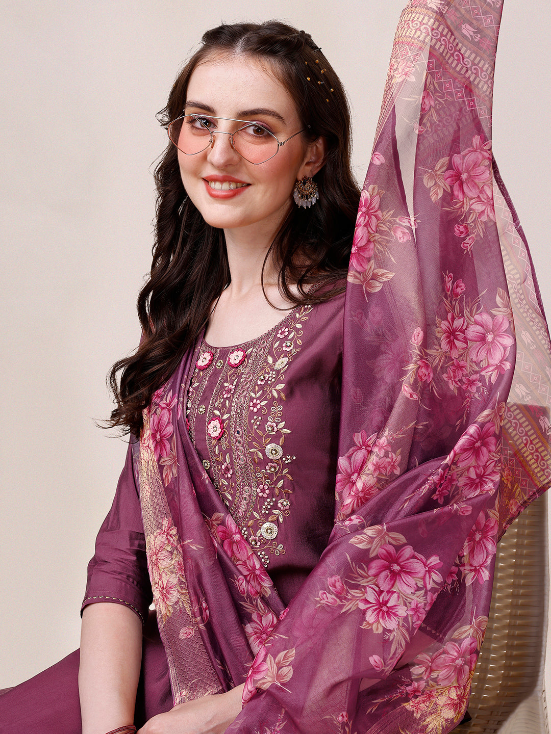 Hand Embroidered Kurta With Pant & Printed Dupatta, Multicolor - Hiral Fashion