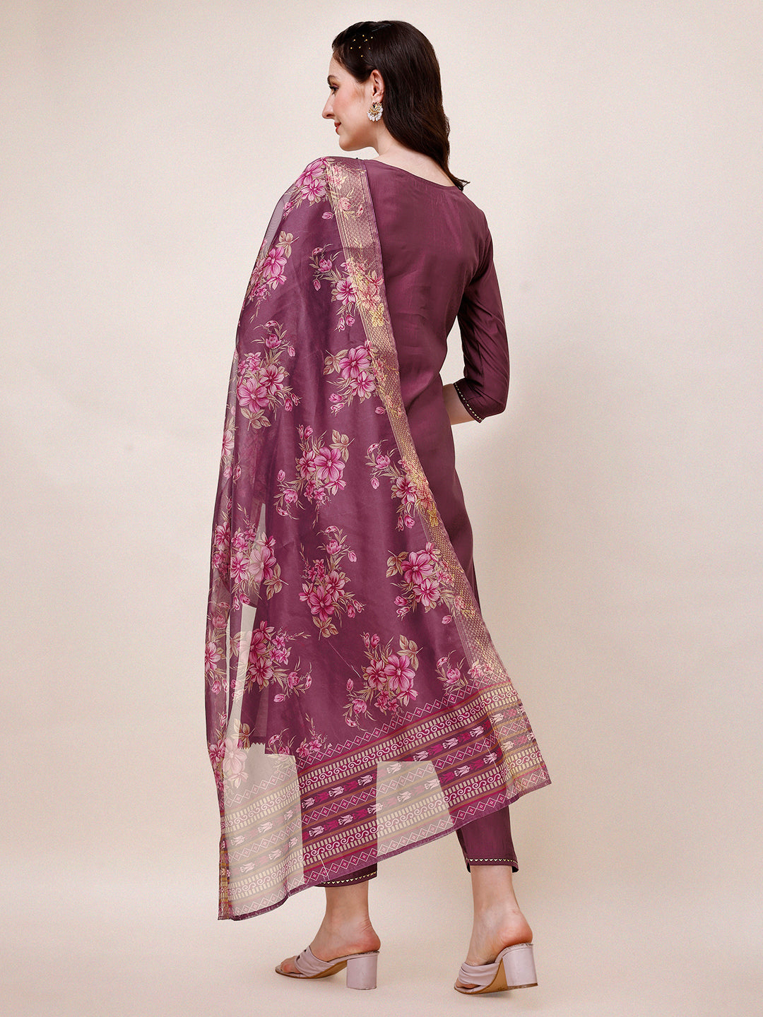 Hand Embroidered Kurta With Pant & Printed Dupatta, Multicolor - Hiral Fashion