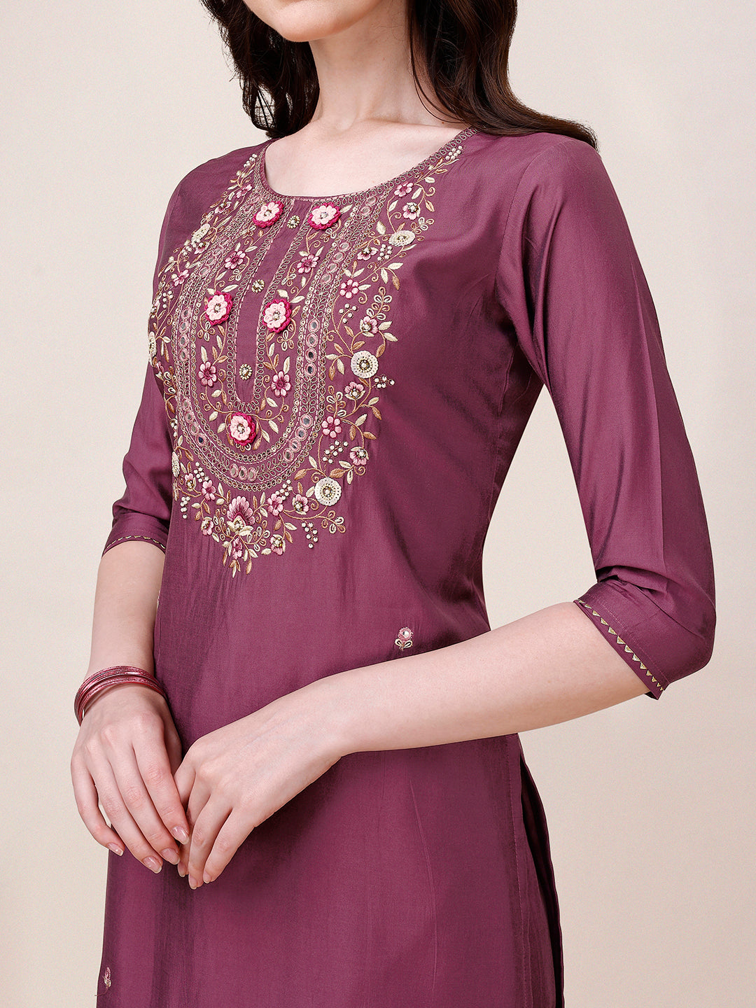 Hand Embroidered Kurta With Pant & Printed Dupatta, Multicolor - Hiral Fashion