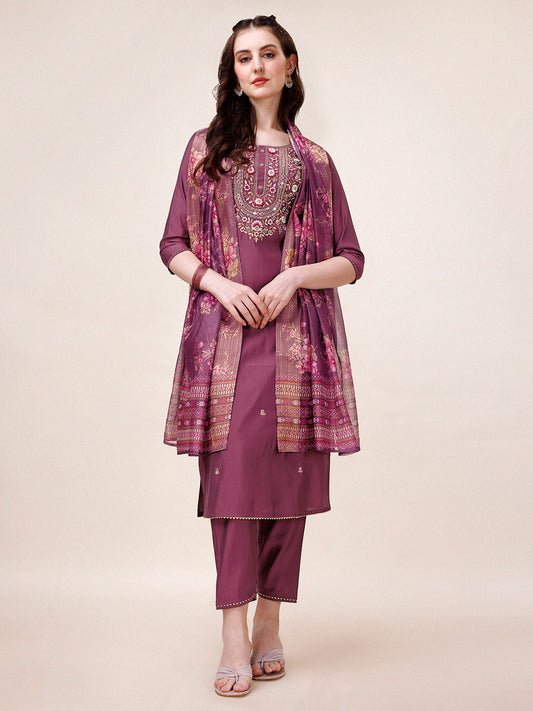Hand Embroidered Kurta With Pant & Printed Dupatta, Multicolor - Hiral Fashion
