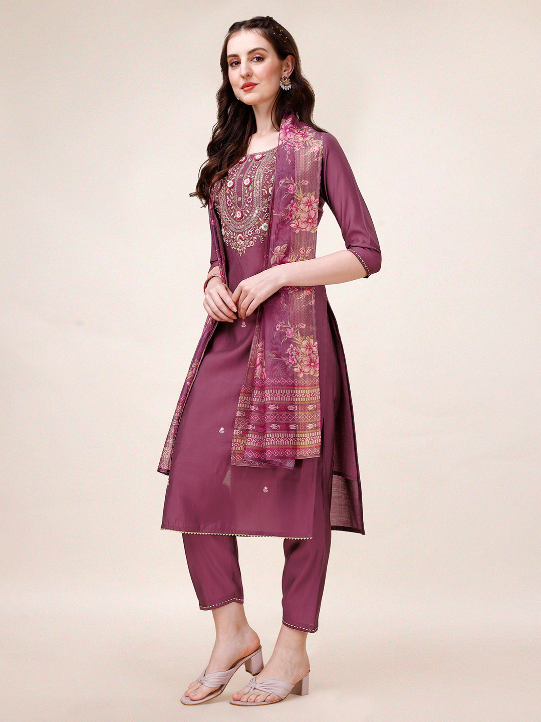 Hand Embroidered Kurta With Pant & Printed Dupatta, Multicolor - Hiral Fashion