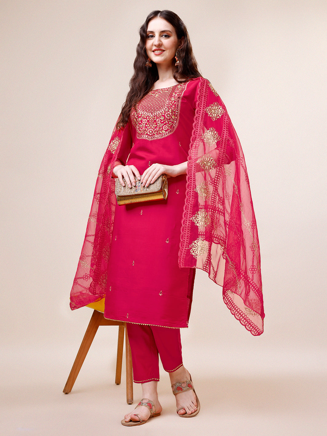 Embroidered Kurta With Pant And Dupatta Set, Multicolor - Hiral Fashion