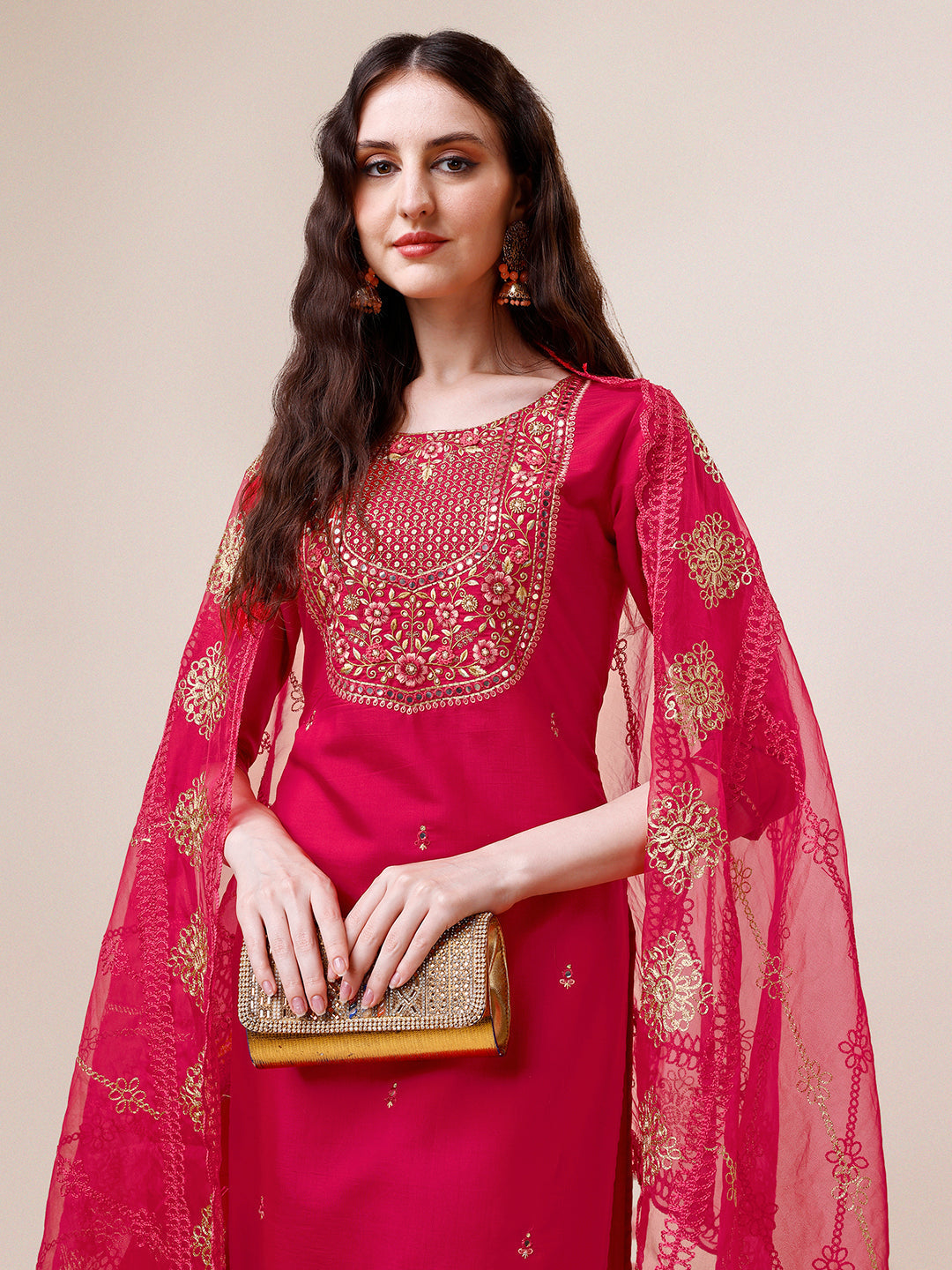 Embroidered Kurta With Pant And Dupatta Set, Multicolor - Hiral Fashion