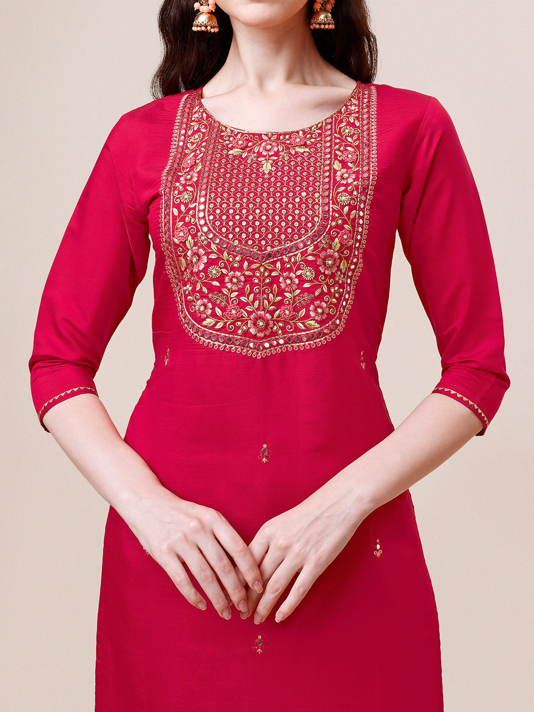 Embroidered Kurta With Pant And Dupatta Set, Multicolor - Hiral Fashion