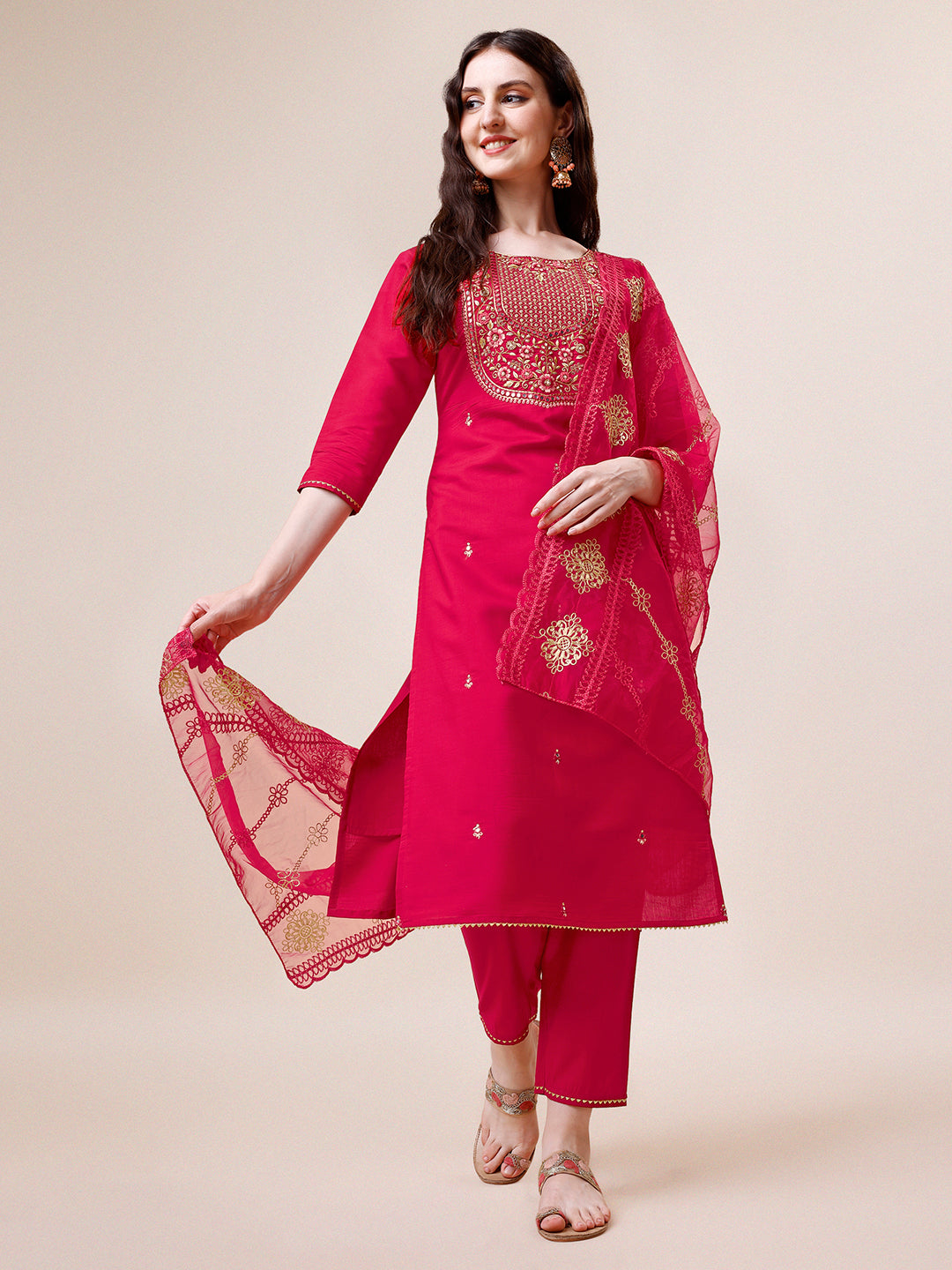 Embroidered Kurta With Pant And Dupatta Set, Multicolor - Hiral Fashion