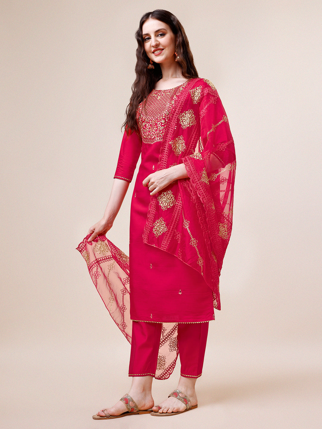 Embroidered Kurta With Pant And Dupatta Set, Multicolor - Hiral Fashion