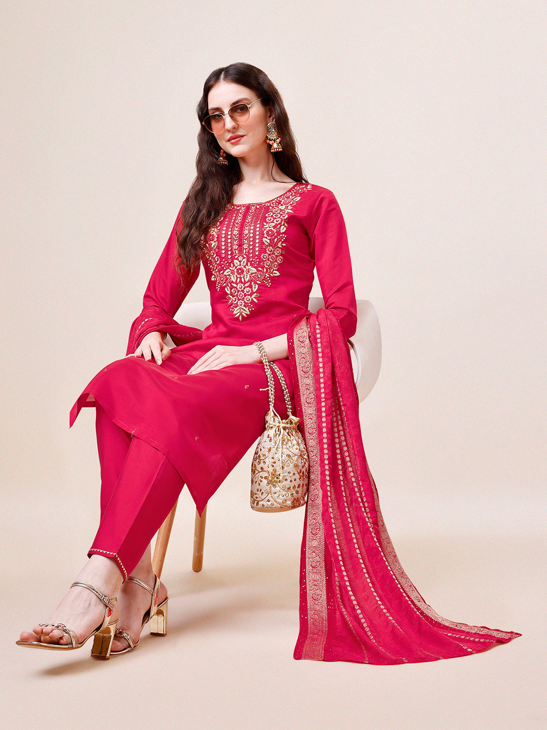 Hand Embroidered Kurta With Pant & Dupatta, Multicolor - Hiral Fashion