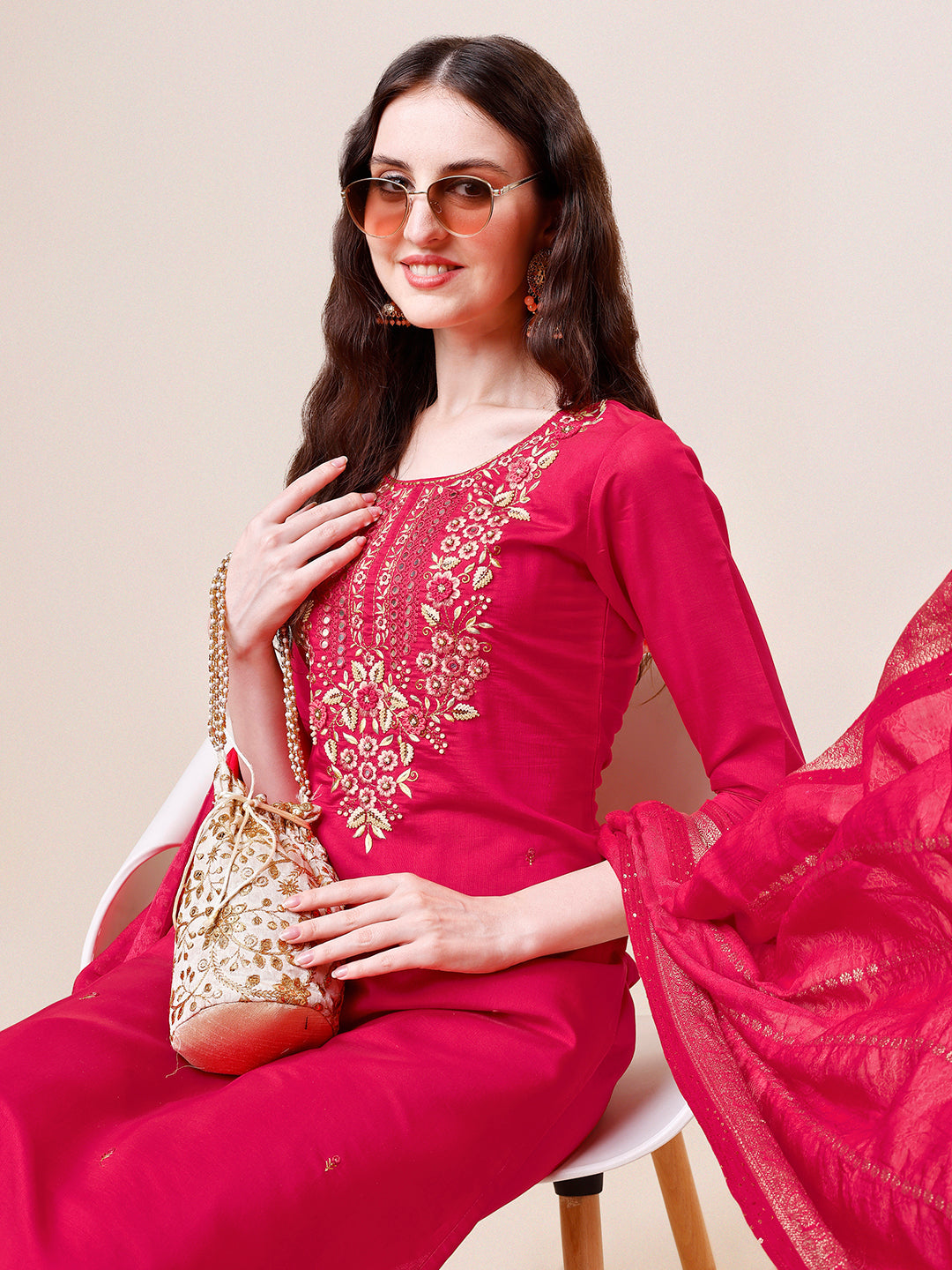 Hand Embroidered Kurta With Pant & Dupatta, Multicolor - Hiral Fashion