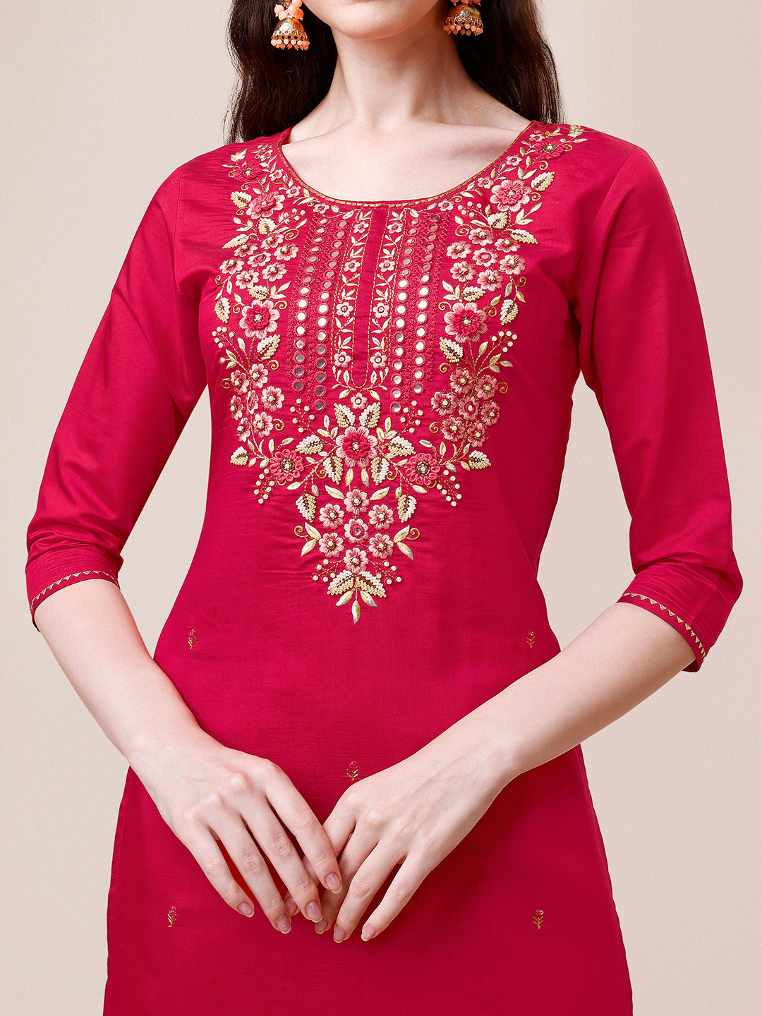 Hand Embroidered Kurta With Pant & Dupatta, Multicolor - Hiral Fashion