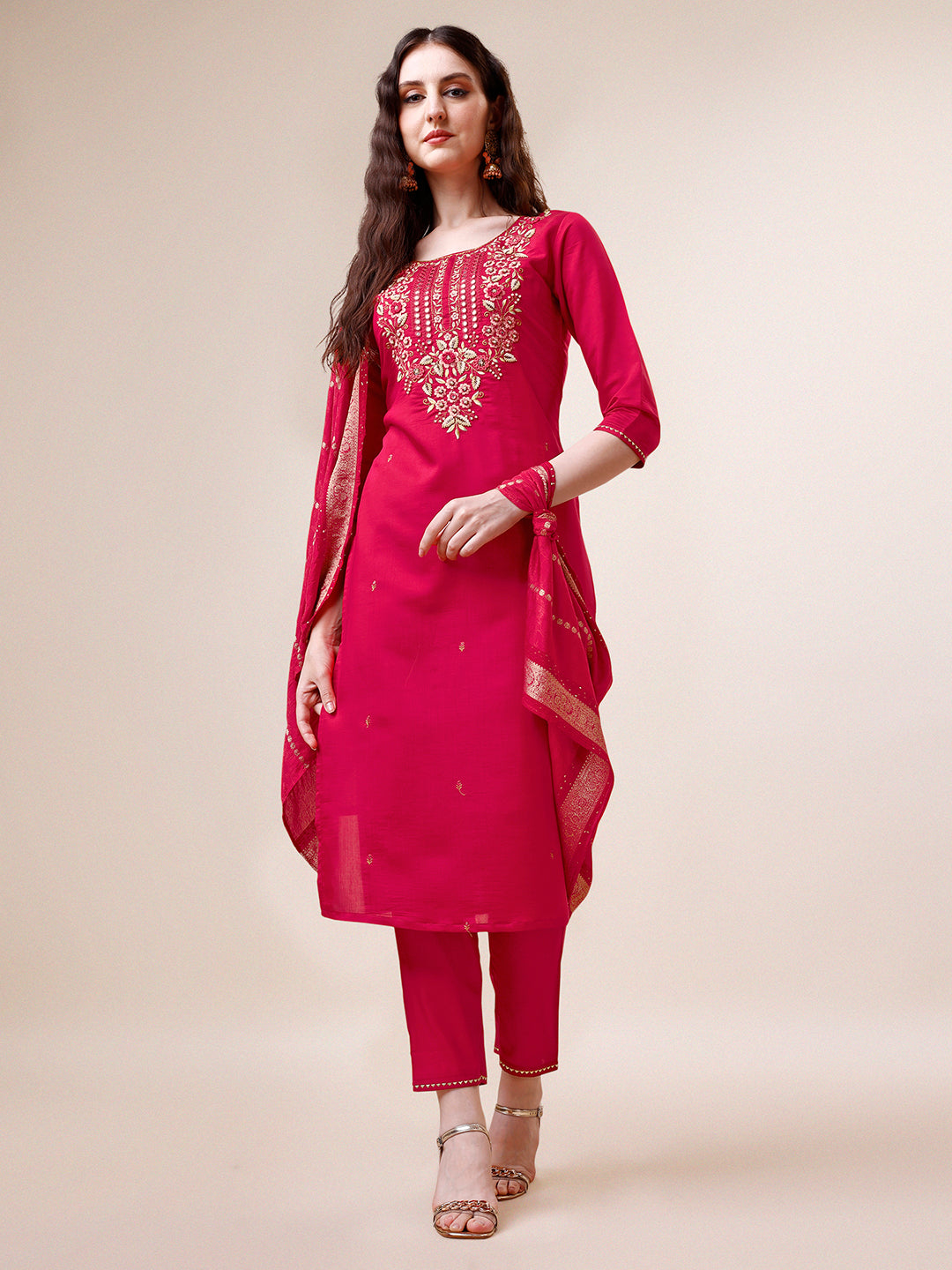 Hand Embroidered Kurta With Pant & Dupatta, Multicolor - Hiral Fashion