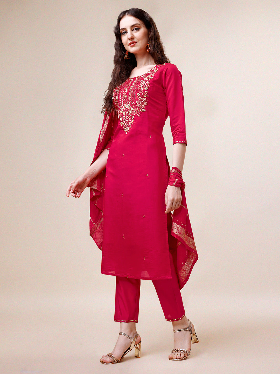 Hand Embroidered Kurta With Pant & Dupatta, Multicolor - Hiral Fashion