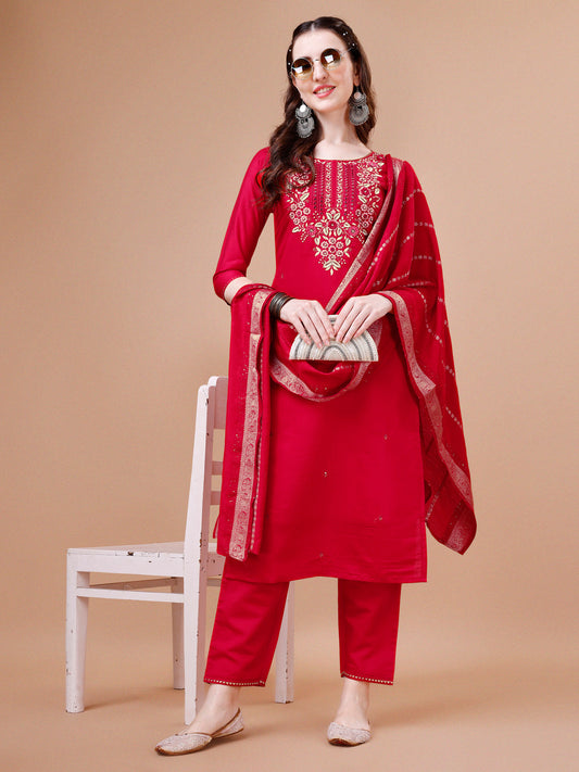 Hand Embroidered Kurta With Pant & Dupatta, Multicolor - Hiral Fashion
