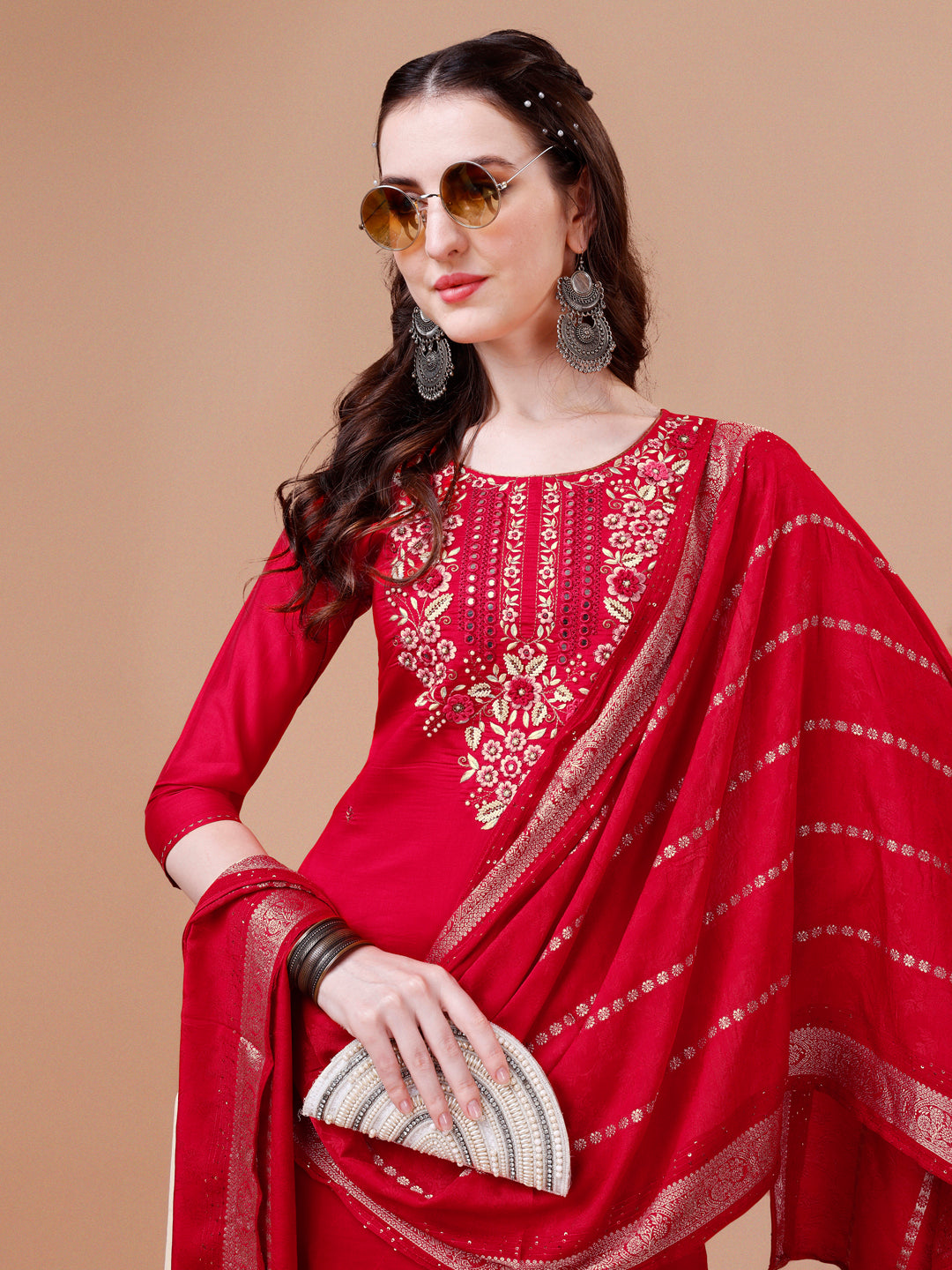 Hand Embroidered Kurta With Pant & Dupatta, Multicolor - Hiral Fashion