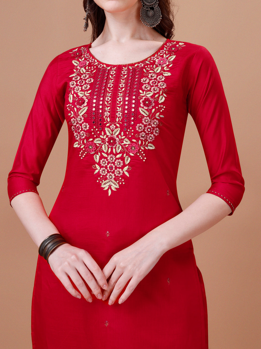 Hand Embroidered Kurta With Pant & Dupatta, Multicolor - Hiral Fashion