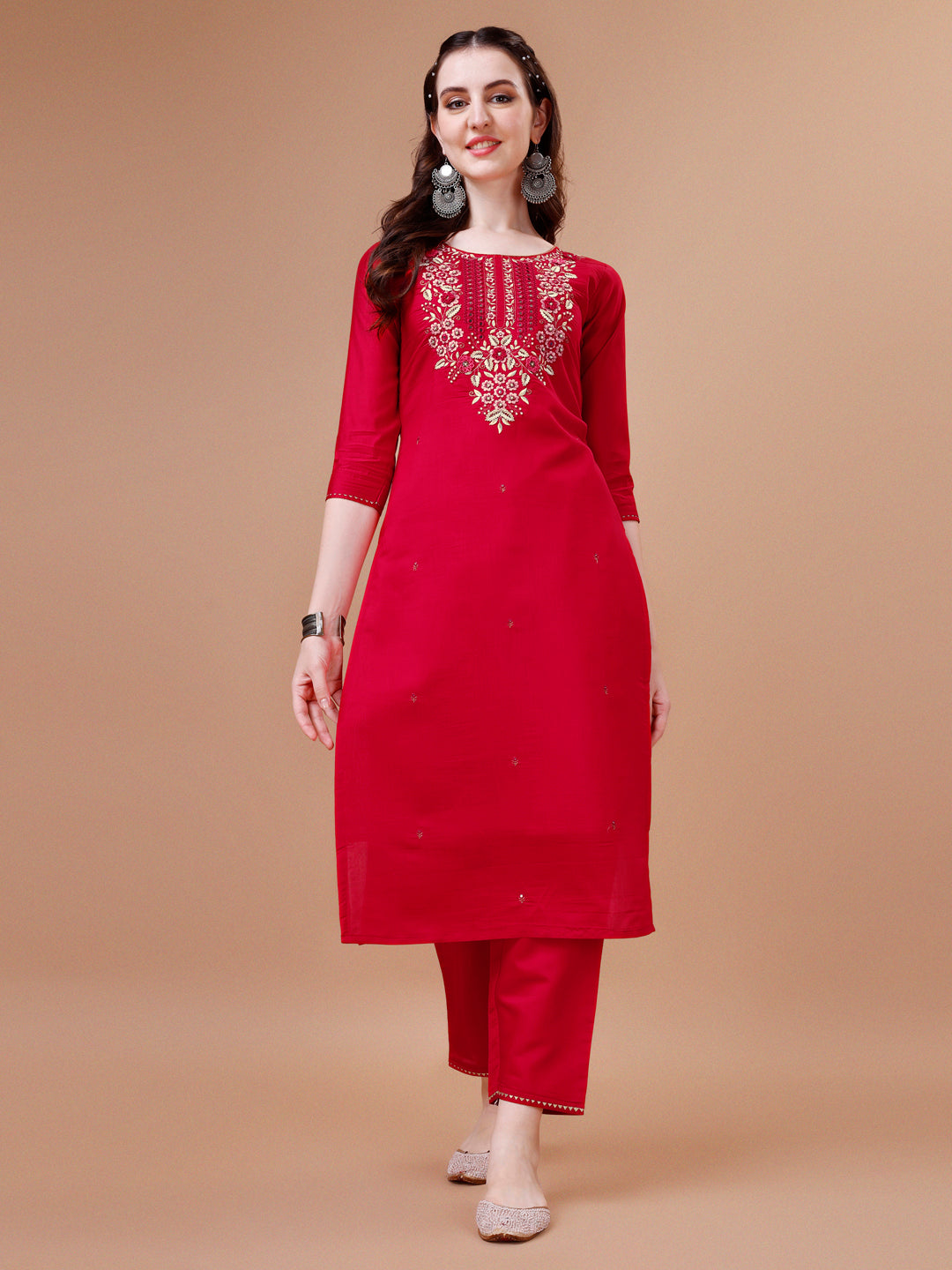 Hand Embroidered Kurta With Pant & Dupatta, Multicolor - Hiral Fashion