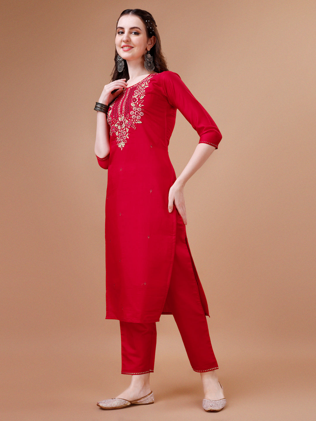 Hand Embroidered Kurta With Pant & Dupatta, Multicolor - Hiral Fashion