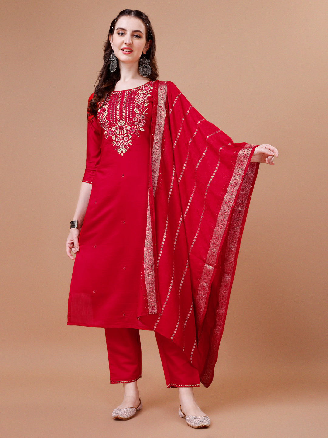 Hand Embroidered Kurta With Pant & Dupatta, Multicolor - Hiral Fashion