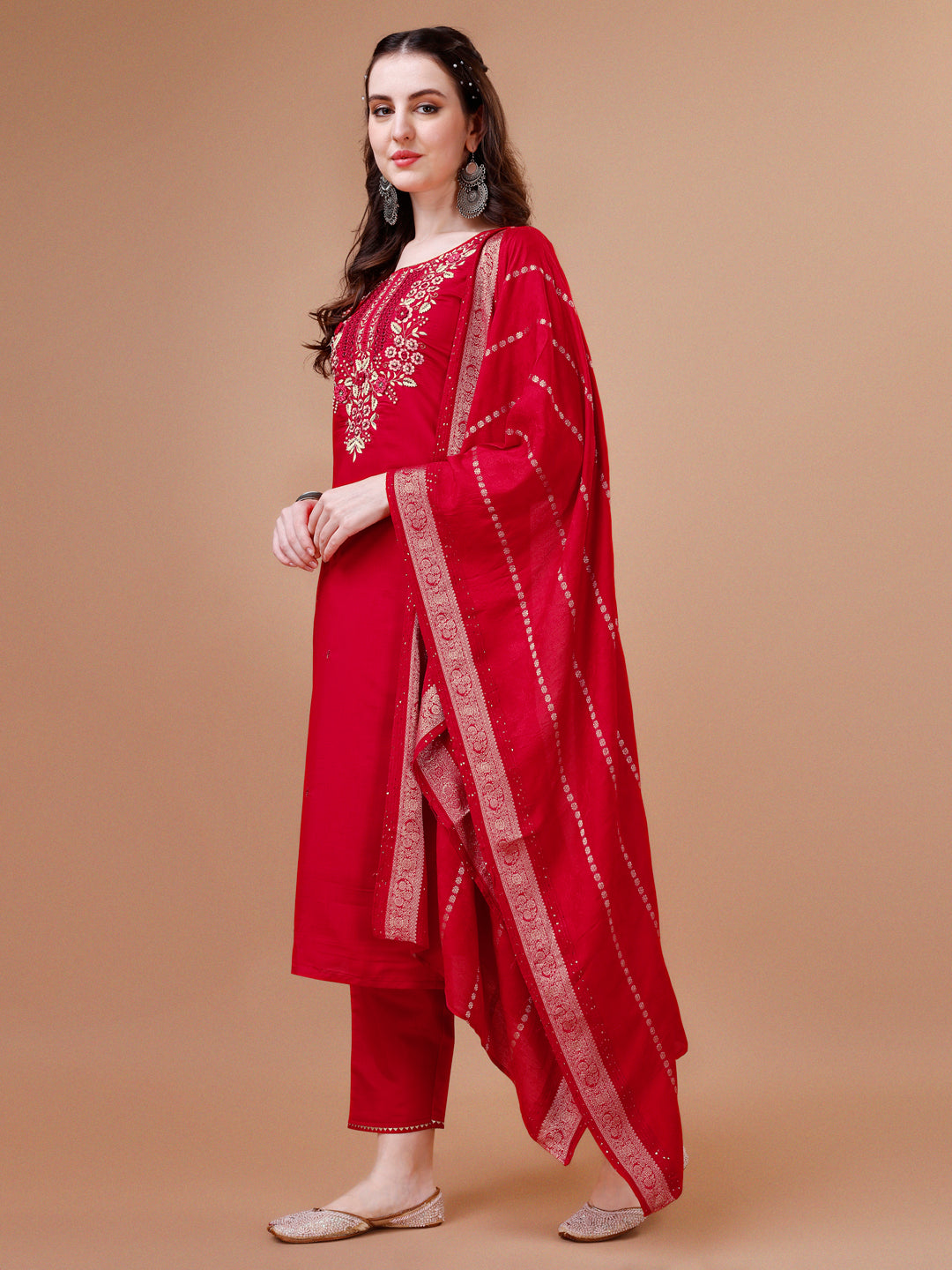 Hand Embroidered Kurta With Pant & Dupatta, Multicolor - Hiral Fashion