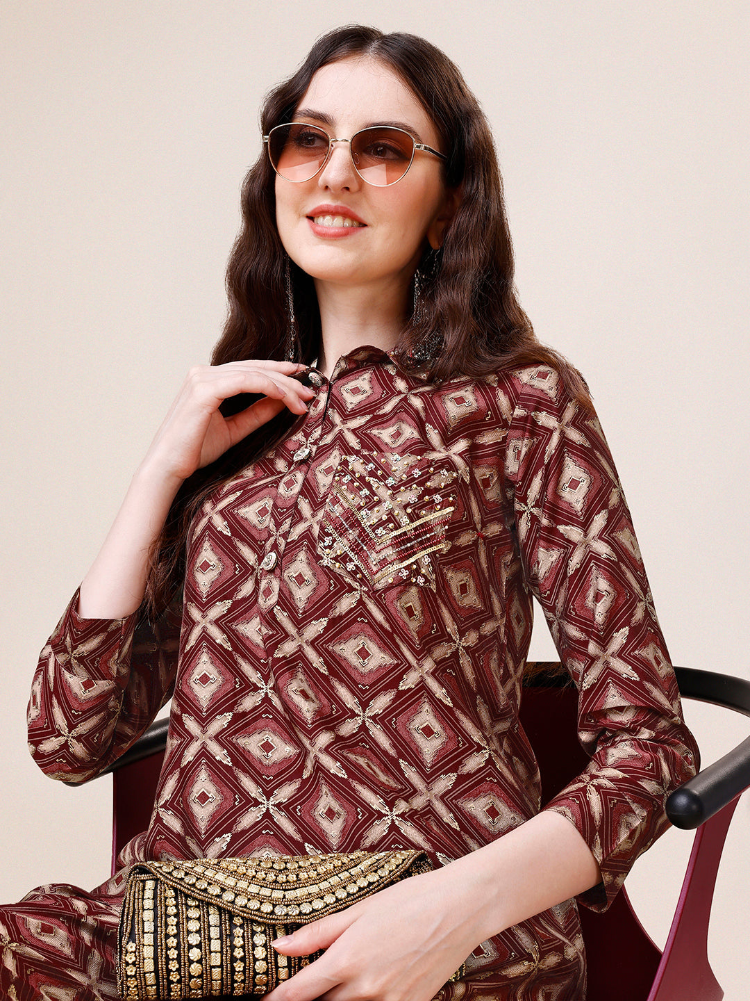 Hand Embroidered & Printed Collar 2 Piece Co-Ords Set, Multicolor - Hiral Fashion