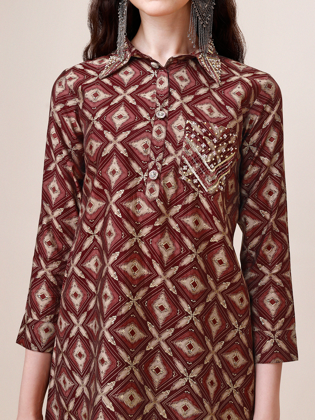 Hand Embroidered & Printed Collar 2 Piece Co-Ords Set, Multicolor - Hiral Fashion