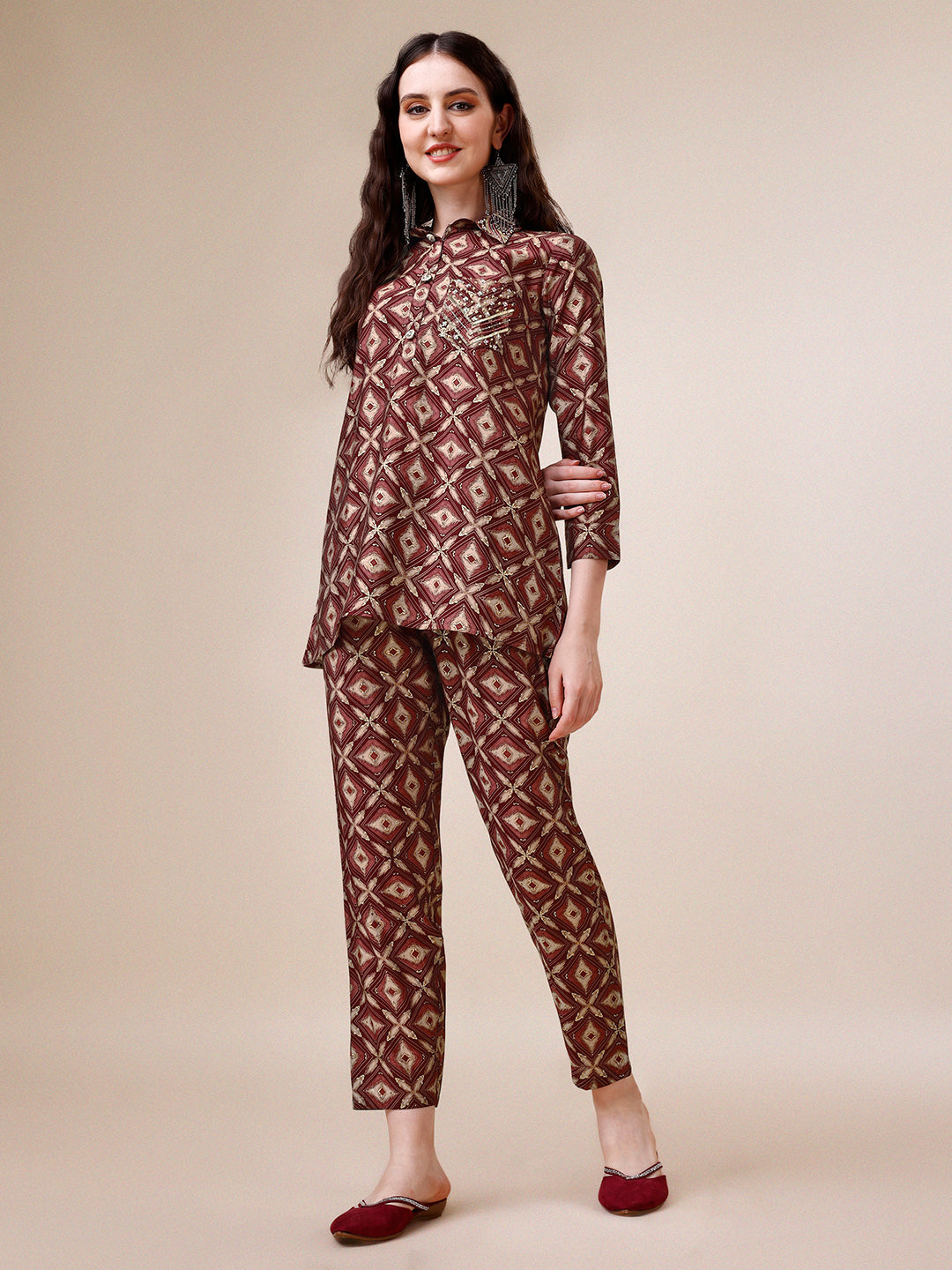 Hand Embroidered & Printed Collar 2 Piece Co-Ords Set, Multicolor - Hiral Fashion