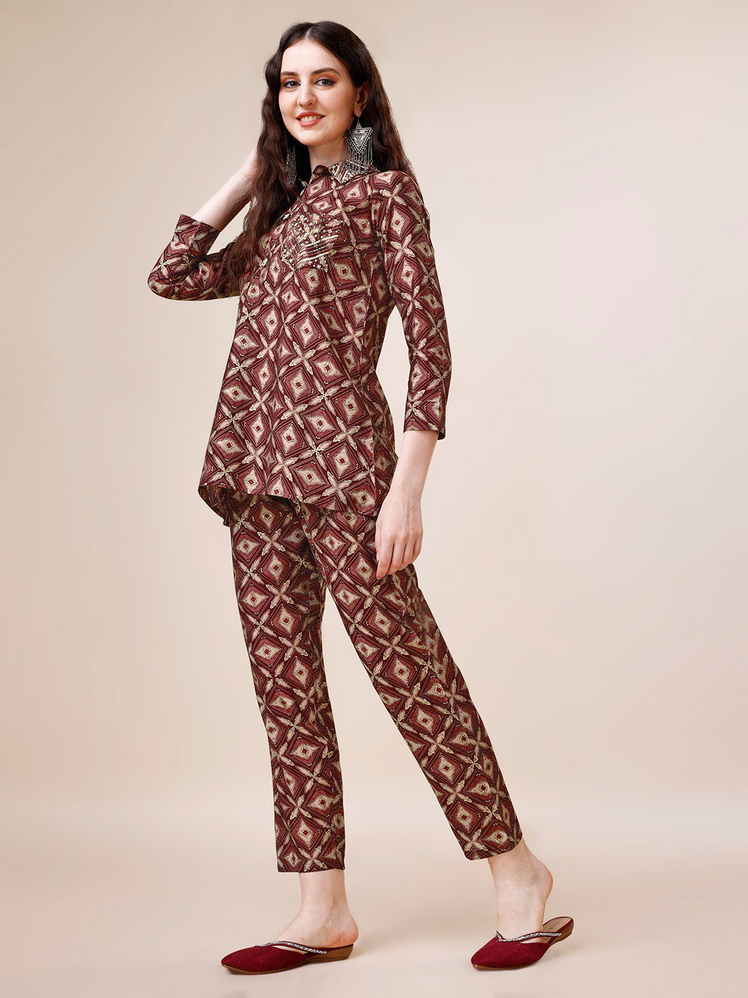 Hand Embroidered & Printed Collar 2 Piece Co-Ords Set, Multicolor - Hiral Fashion