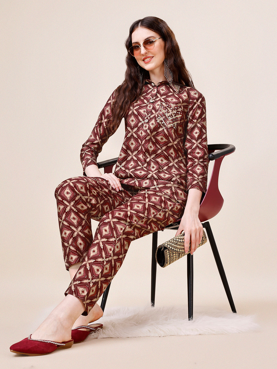 Hand Embroidered & Printed Collar 2 Piece Co-Ords Set, Multicolor - Hiral Fashion