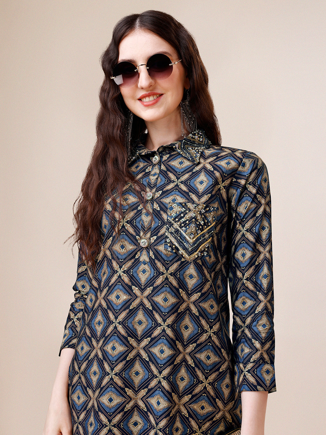 Hand Embroidered & Printed Collar 2 Piece Co-Ords Set, Multicolor - Hiral Fashion
