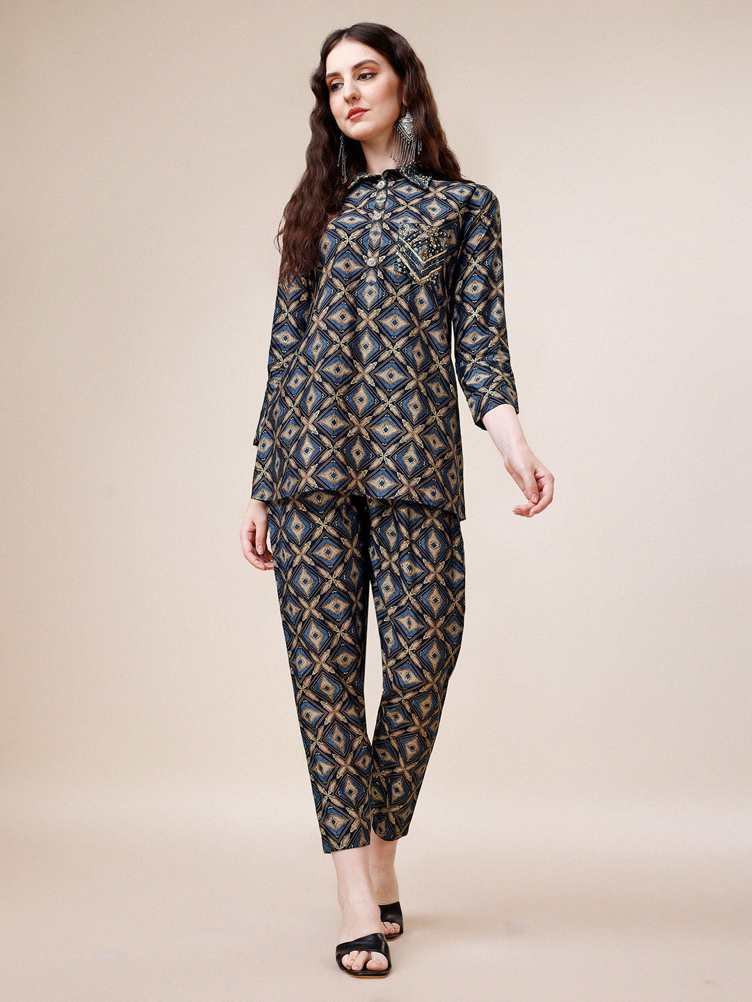 Hand Embroidered & Printed Collar 2 Piece Co-Ords Set, Multicolor - Hiral Fashion