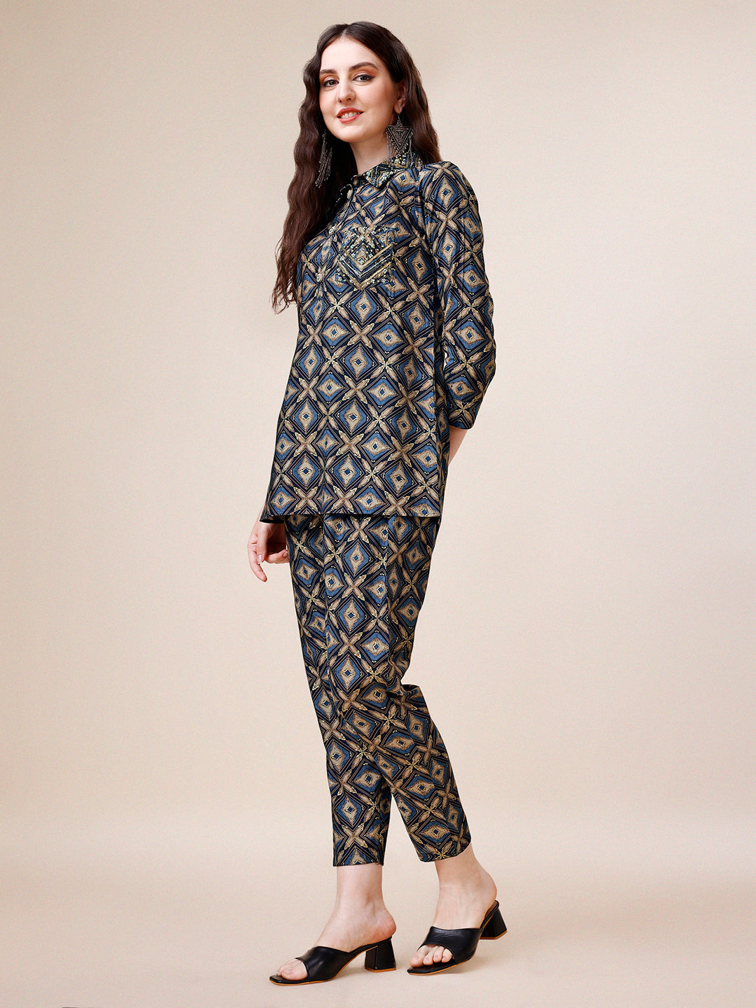 Hand Embroidered & Printed Collar 2 Piece Co-Ords Set, Multicolor - Hiral Fashion