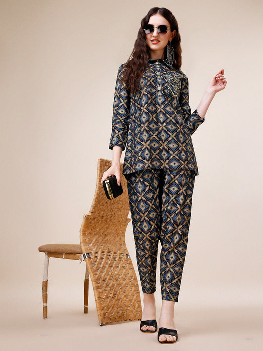 Hand Embroidered & Printed Collar 2 Piece Co-Ords Set, Multicolor - Hiral Fashion