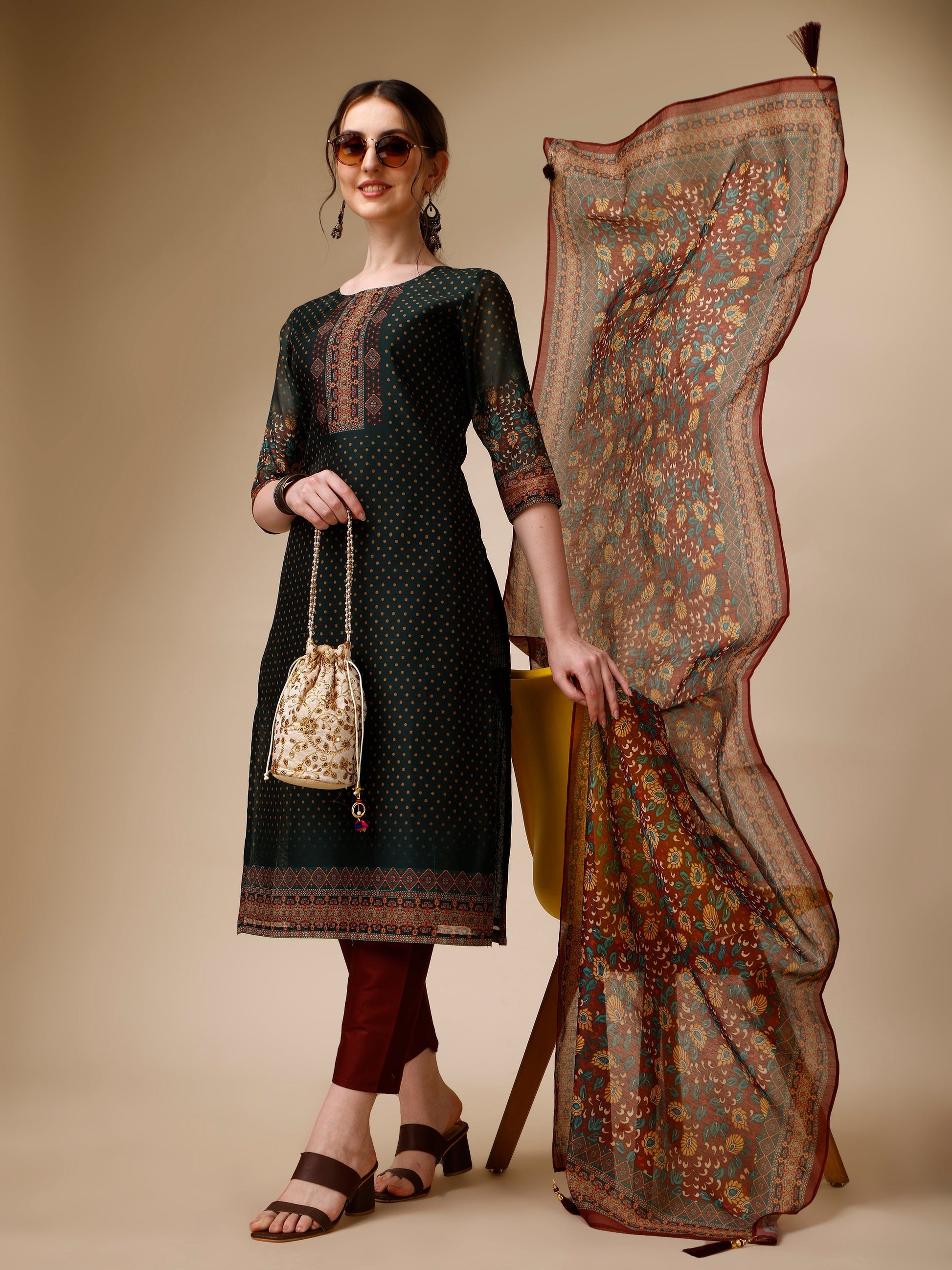 Polka & Floral Printed Chanderi Kurta With Pant & Dupatta, Multicolor - Hiral Fashion