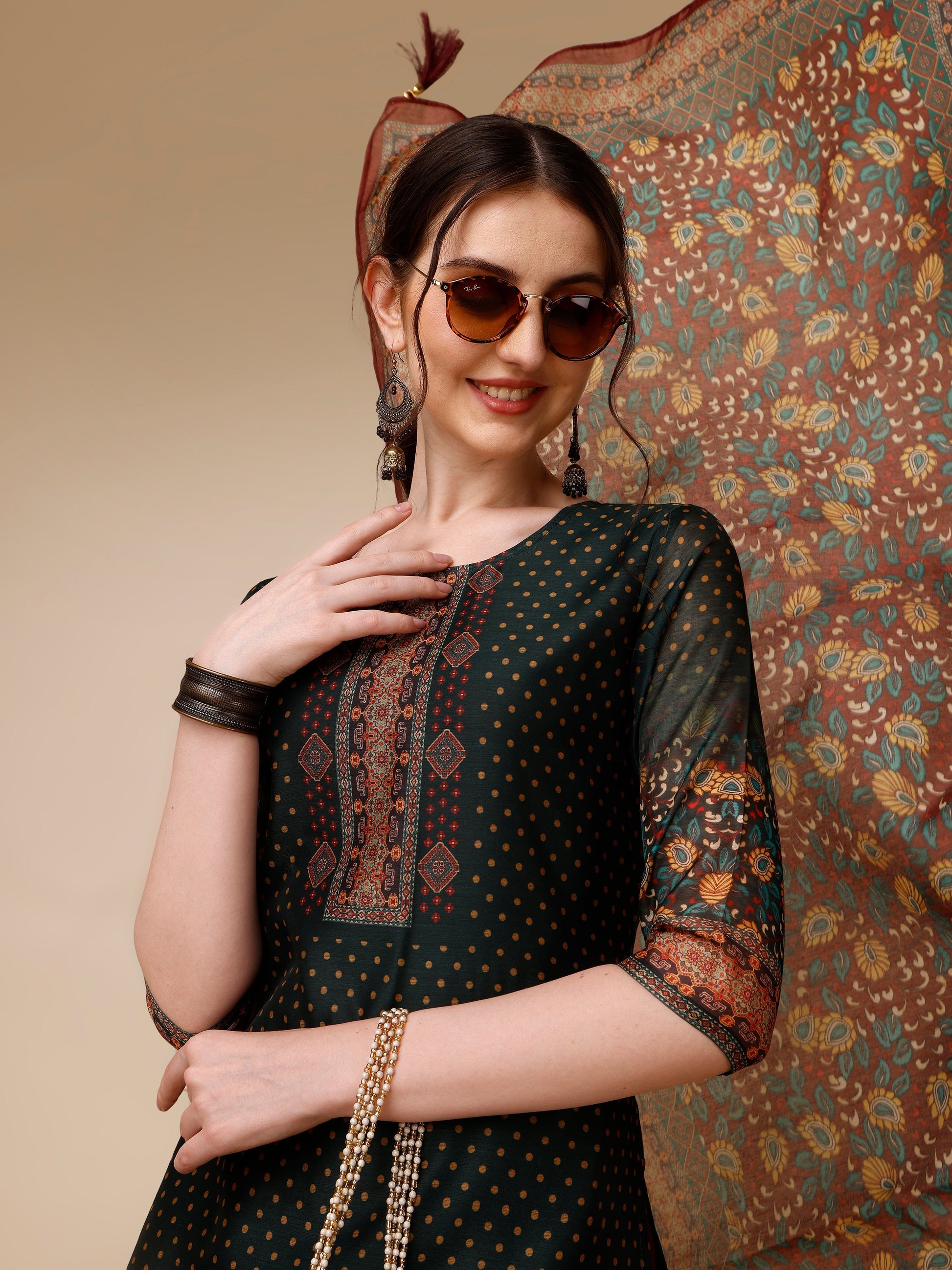 Polka & Floral Printed Chanderi Kurta With Pant & Dupatta, Multicolor - Hiral Fashion