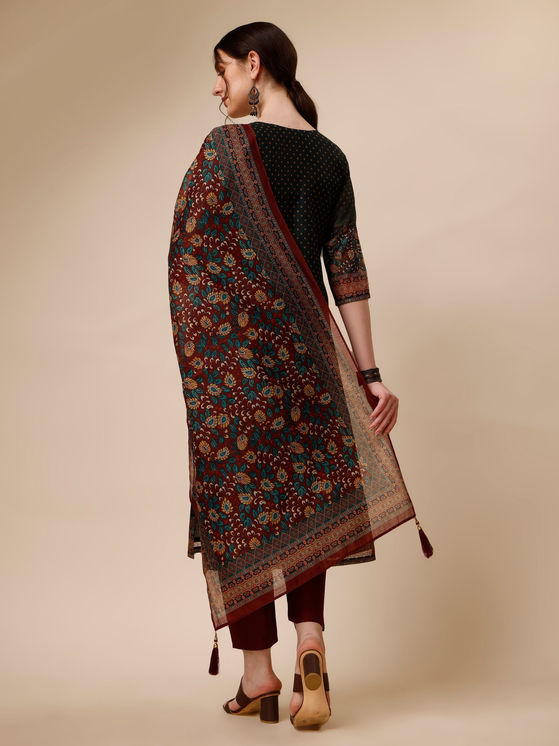 Polka & Floral Printed Chanderi Kurta With Pant & Dupatta, Multicolor - Hiral Fashion